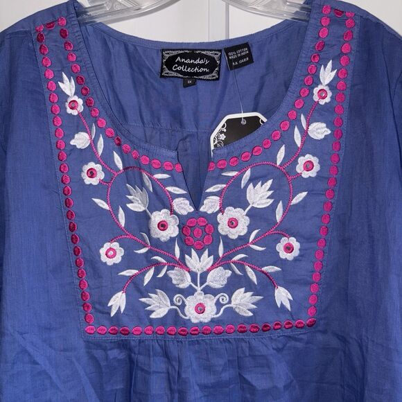 Ana-K Anandas Collection Blue Pink Embroidered Tunic Top Plus Size 1X NWT - Picture 8 of 9